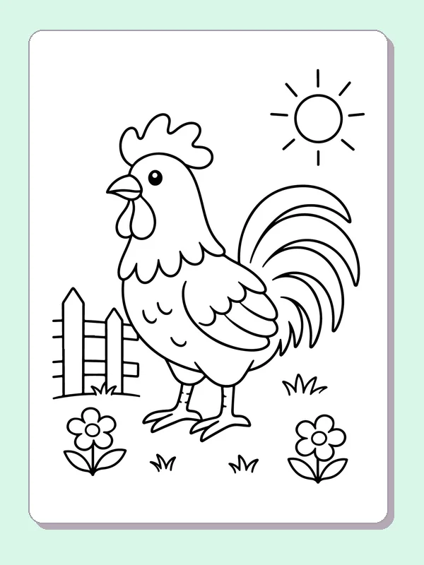 Black and white printable rooster in the morning sun coloring sheet