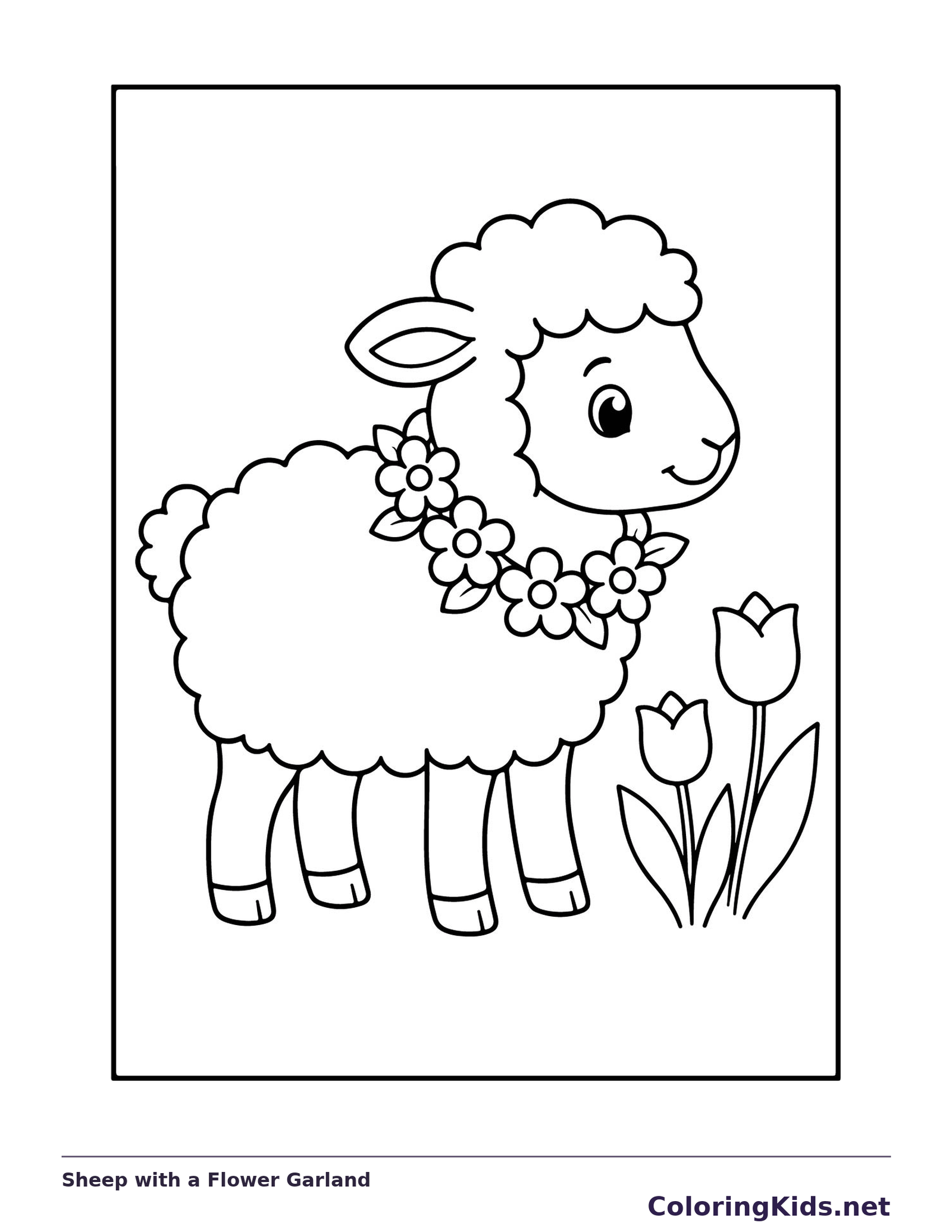 Black and white printable sheep with a flower garland coloring sheet