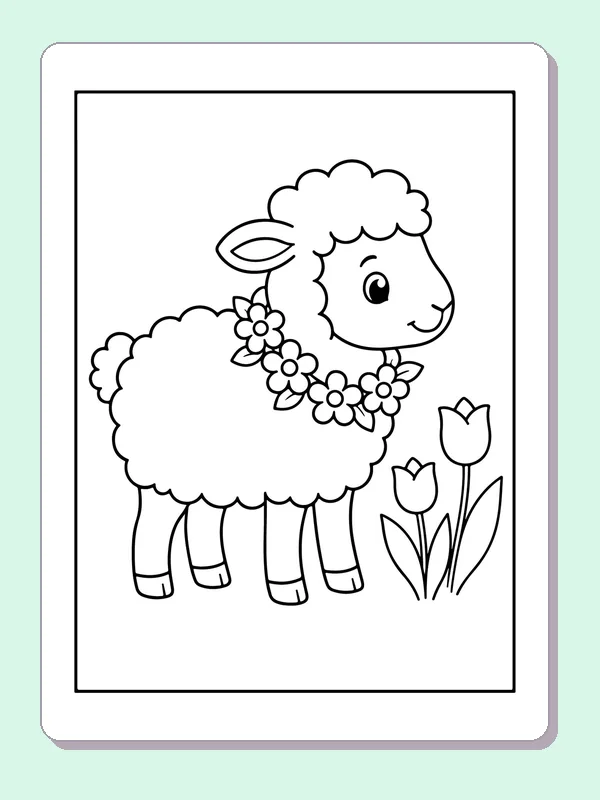 Black and white printable sheep with a flower garland coloring sheet