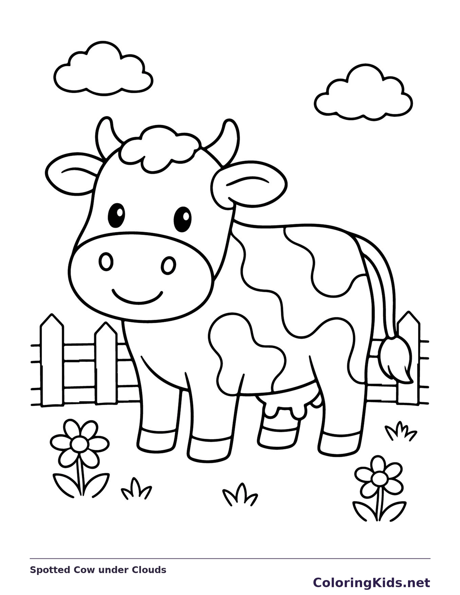 Black and white printable spotted cow under clouds coloring sheet