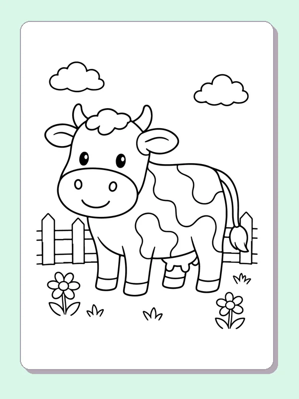 Black and white printable spotted cow under clouds coloring sheet