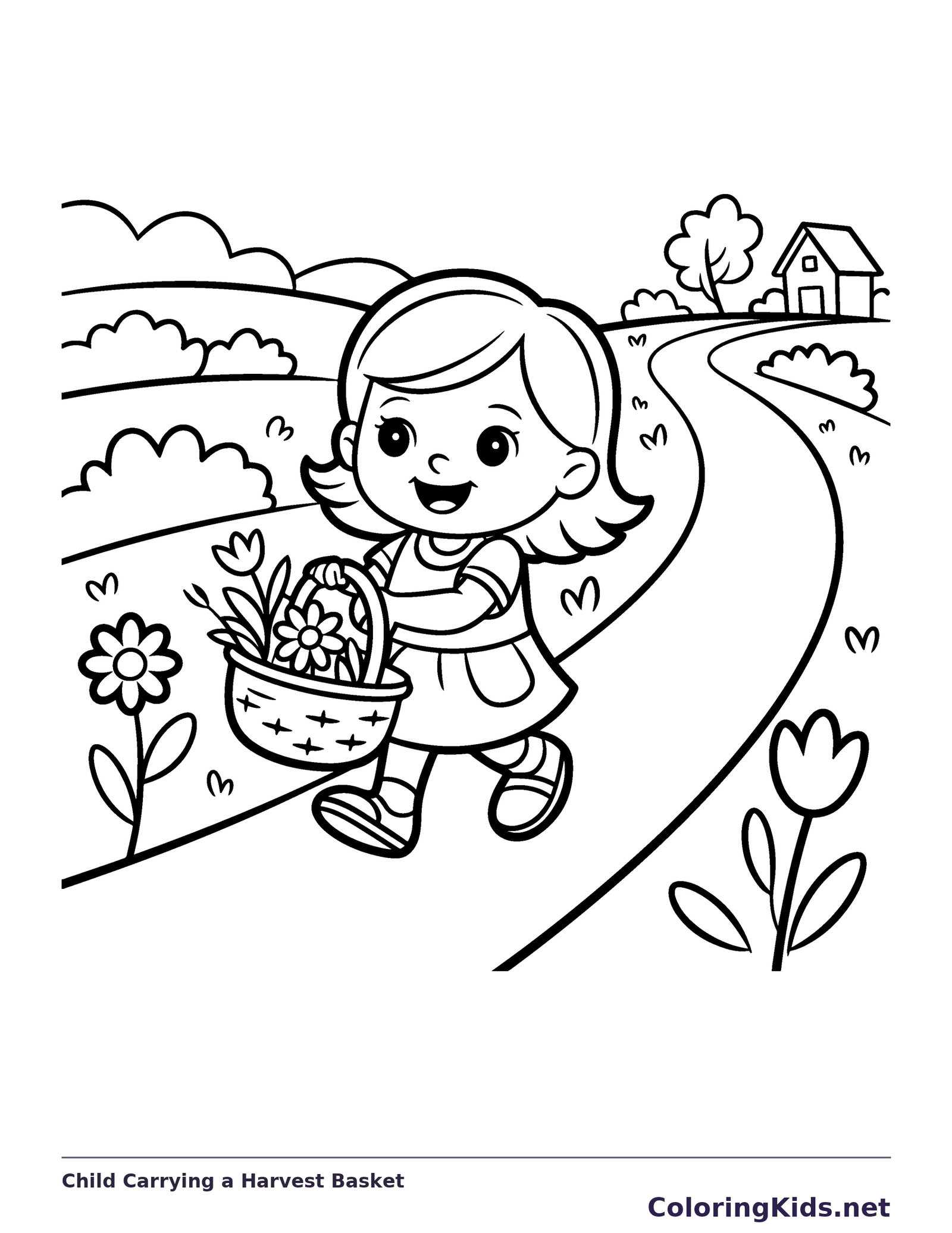 Black and white printable child carrying a harvest basket coloring sheet
