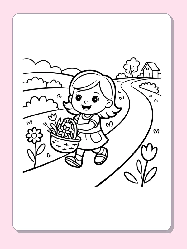 Black and white printable child carrying a harvest basket coloring sheet