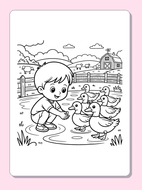 Black and white printable child feeding ducks coloring sheet