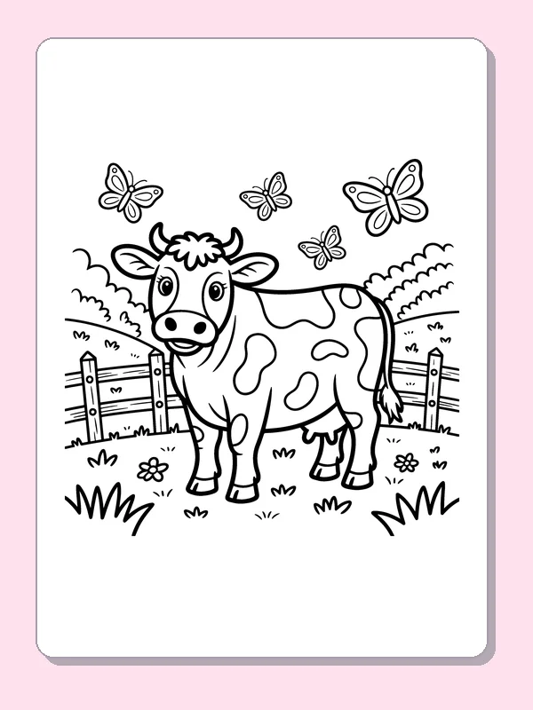 Black and white printable cow by the farm fence coloring sheet
