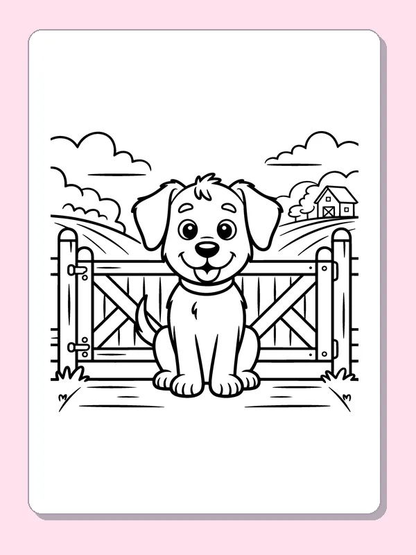 Black and white printable dog waiting at a farm gate coloring sheet