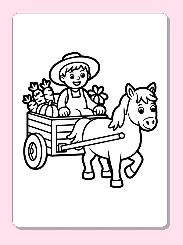 Black and white printable farmer driving a produce cart coloring sheet