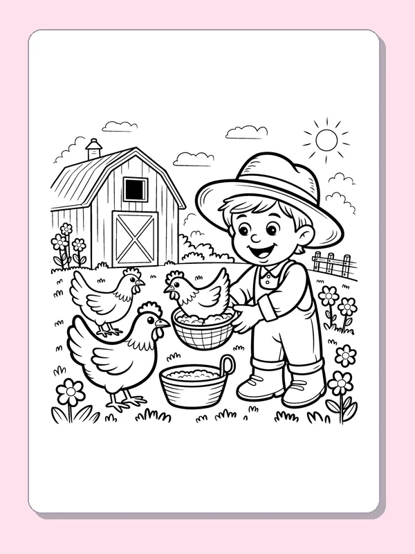 Black and white printable farmer feeding chickens coloring sheet