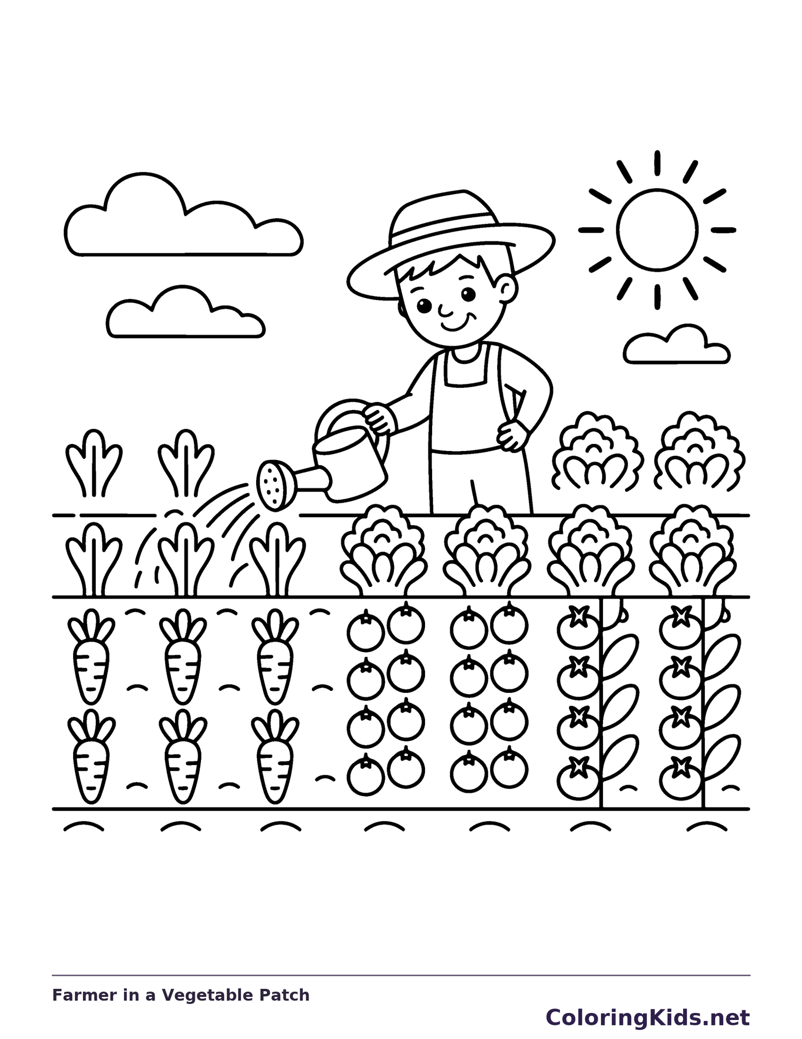 Black and white printable farmer in a vegetable patch coloring sheet