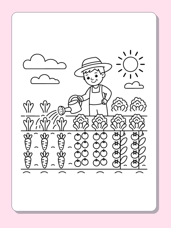 Black and white printable farmer in a vegetable patch coloring sheet