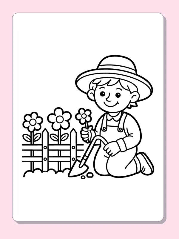 Black and white printable farmer planting by a fence coloring sheet
