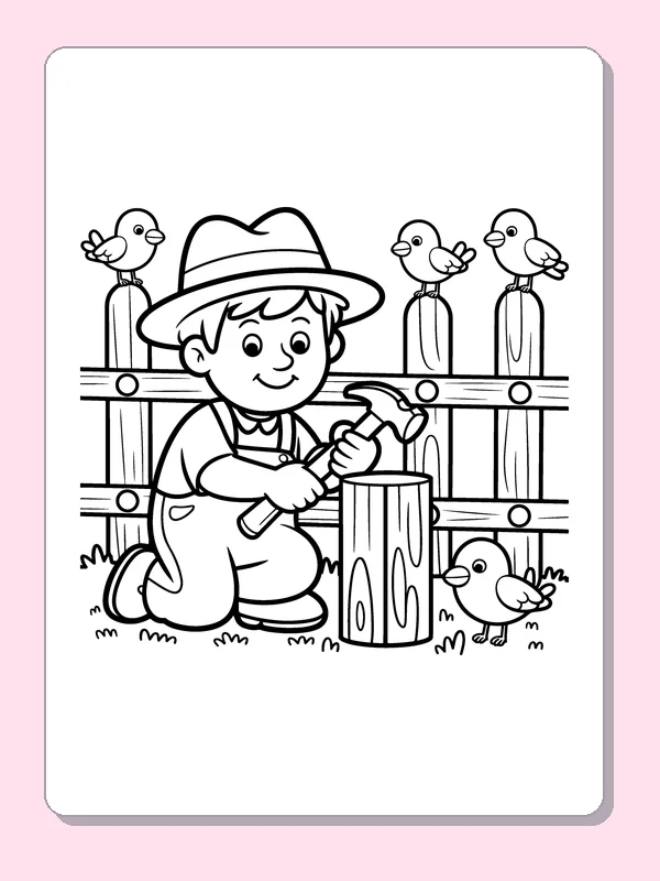 Black and white printable farmer repairing a fence coloring sheet