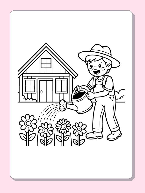 Black and white printable farmer watering flowers coloring sheet