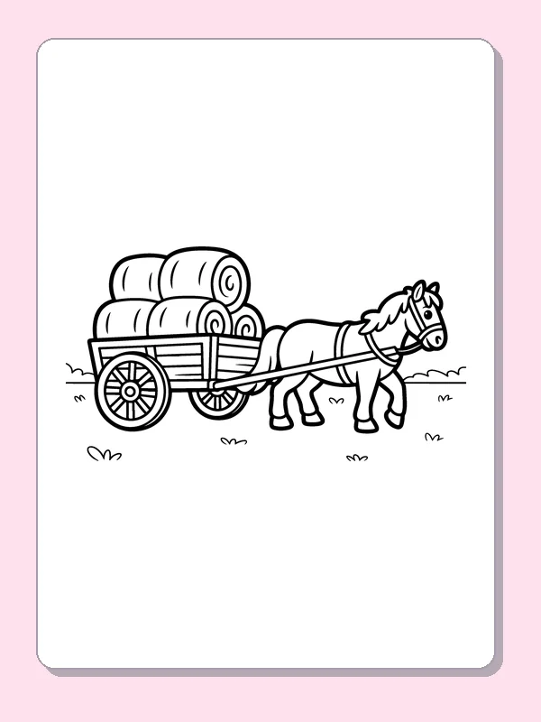 Black and white printable hay cart pulled by a horse coloring sheet