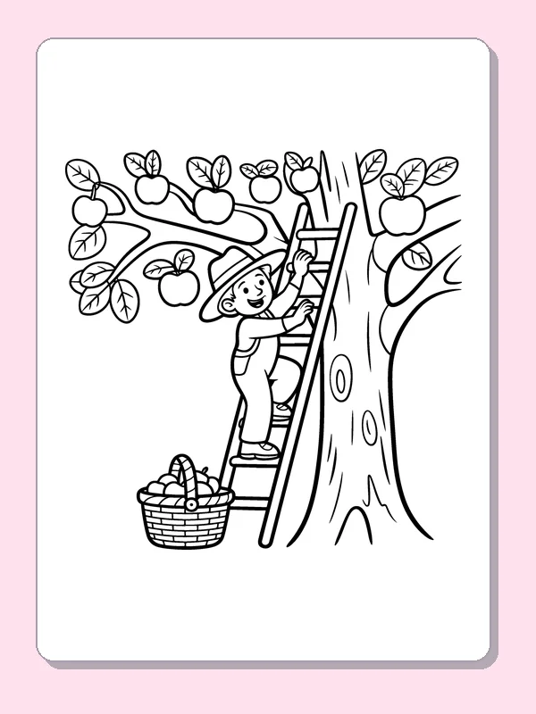 Black and white printable picking apples from a tree coloring sheet