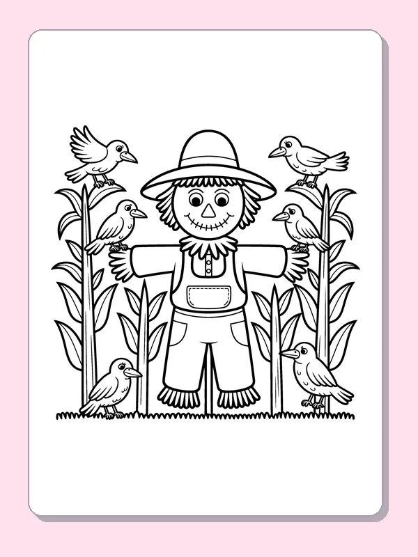 Black and white printable scarecrow in a cornfield coloring sheet