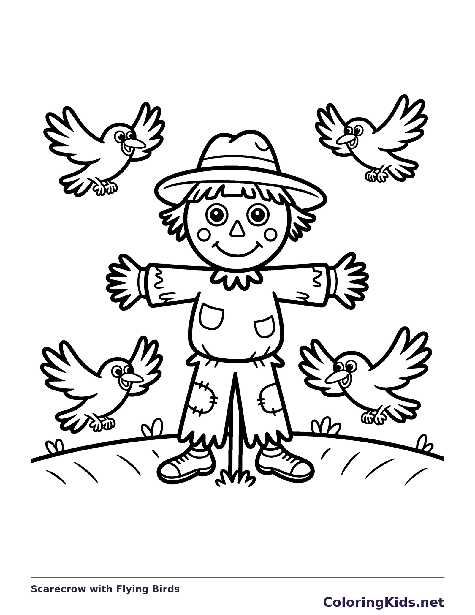 Black and white printable scarecrow with flying birds coloring sheet