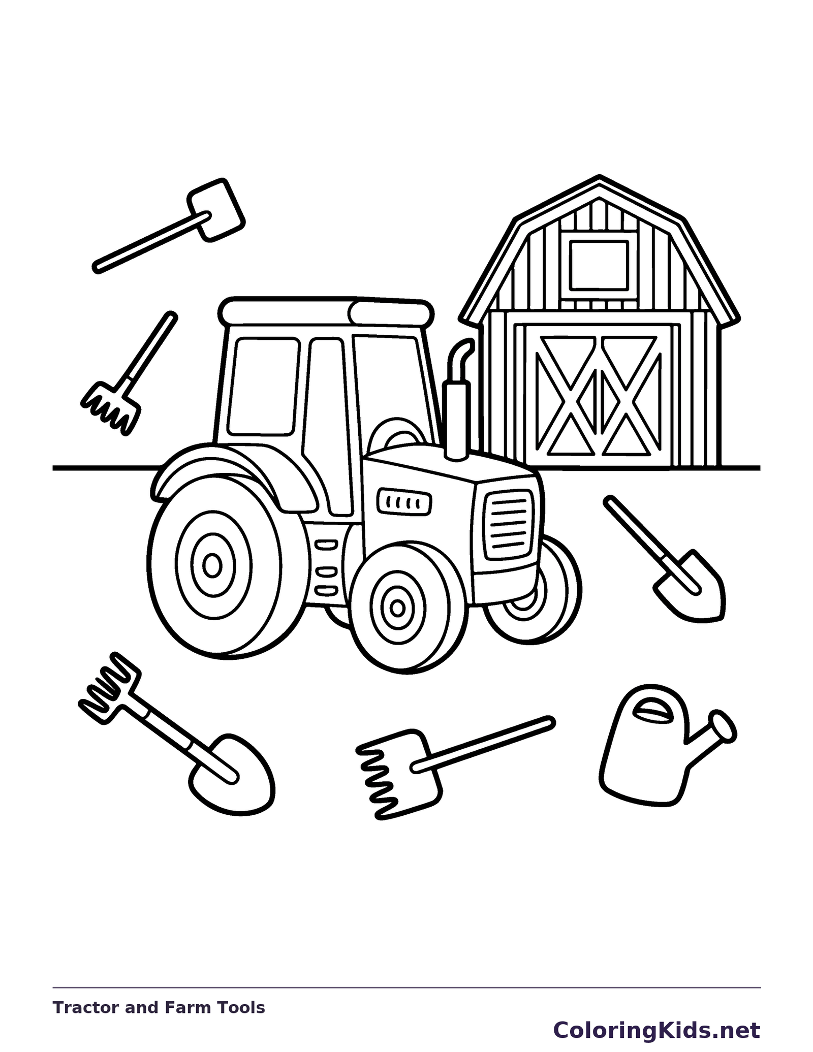 Black and white printable tractor and farm tools coloring sheet