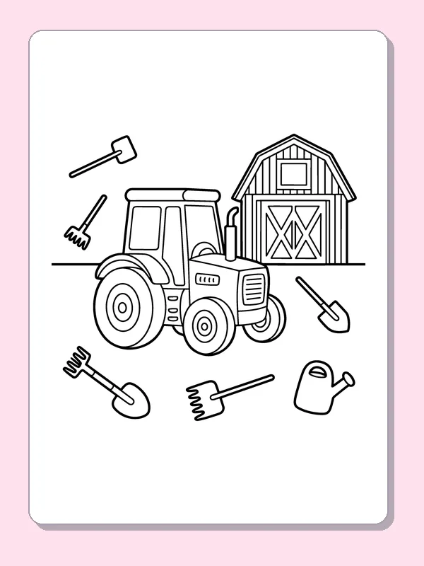Black and white printable tractor and farm tools coloring sheet