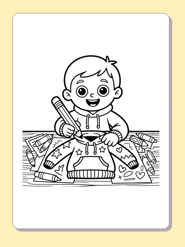 Black and white printable boy drawing a sweatshirt design coloring sheet