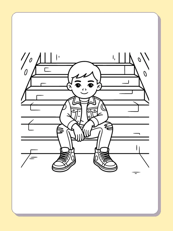 Black and white printable boy in a jacket on stairs coloring sheet
