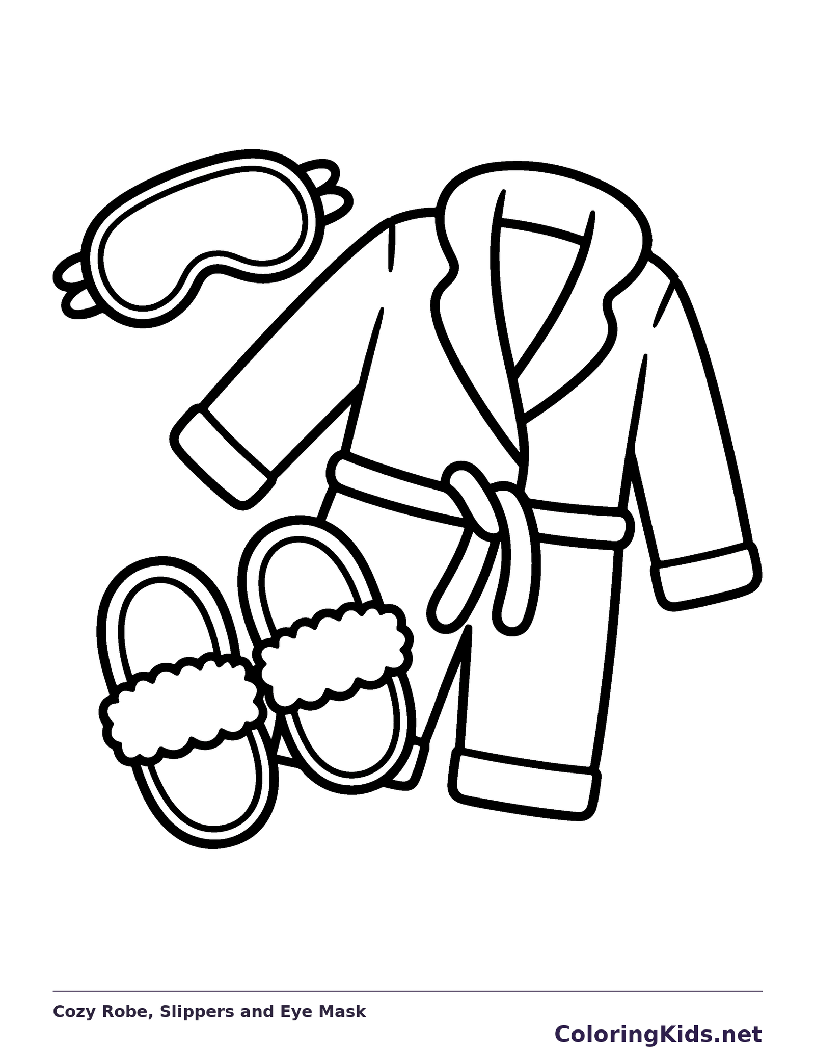 Black and white printable cozy robe, slippers and eye mask coloring sheet