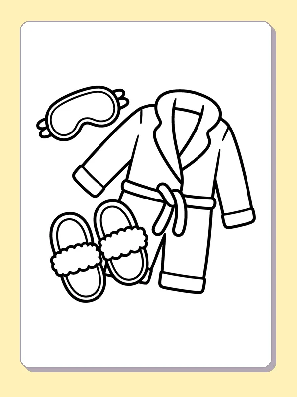 Black and white printable cozy robe, slippers and eye mask coloring sheet