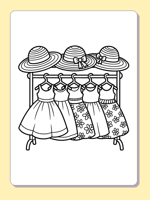 Black and white printable dresses beneath three hats coloring sheet