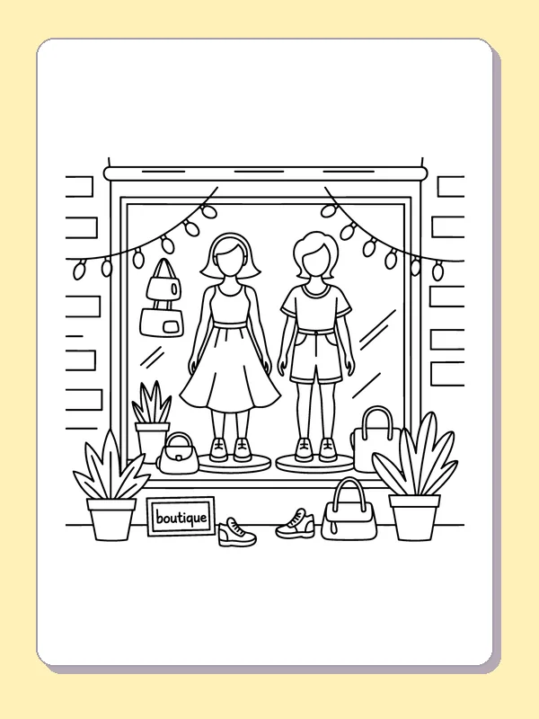 Black and white printable dresses in a boutique window coloring sheet