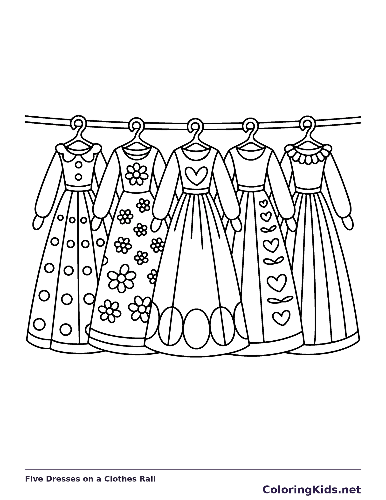 Black and white printable five dresses on a clothes rail coloring sheet