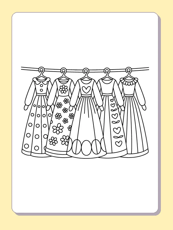 Black and white printable five dresses on a clothes rail coloring sheet