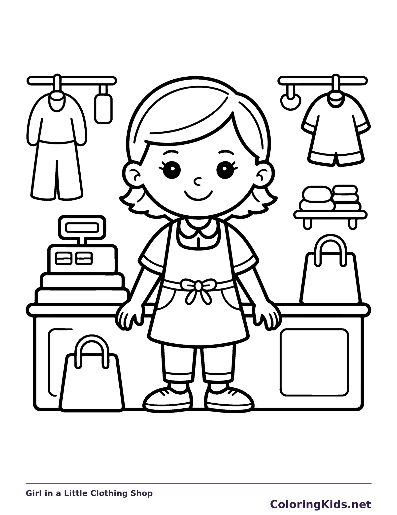 Black and white printable girl in a little clothing shop coloring sheet