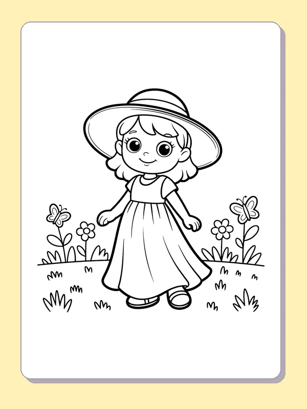 Black and white printable girl in a sun hat and dress coloring sheet
