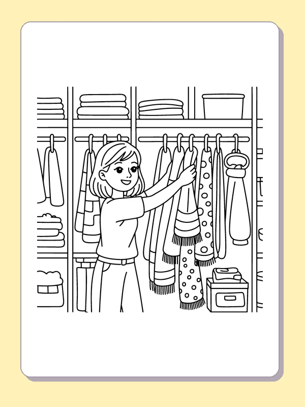 Black and white printable girl picking clothes from a closet coloring sheet