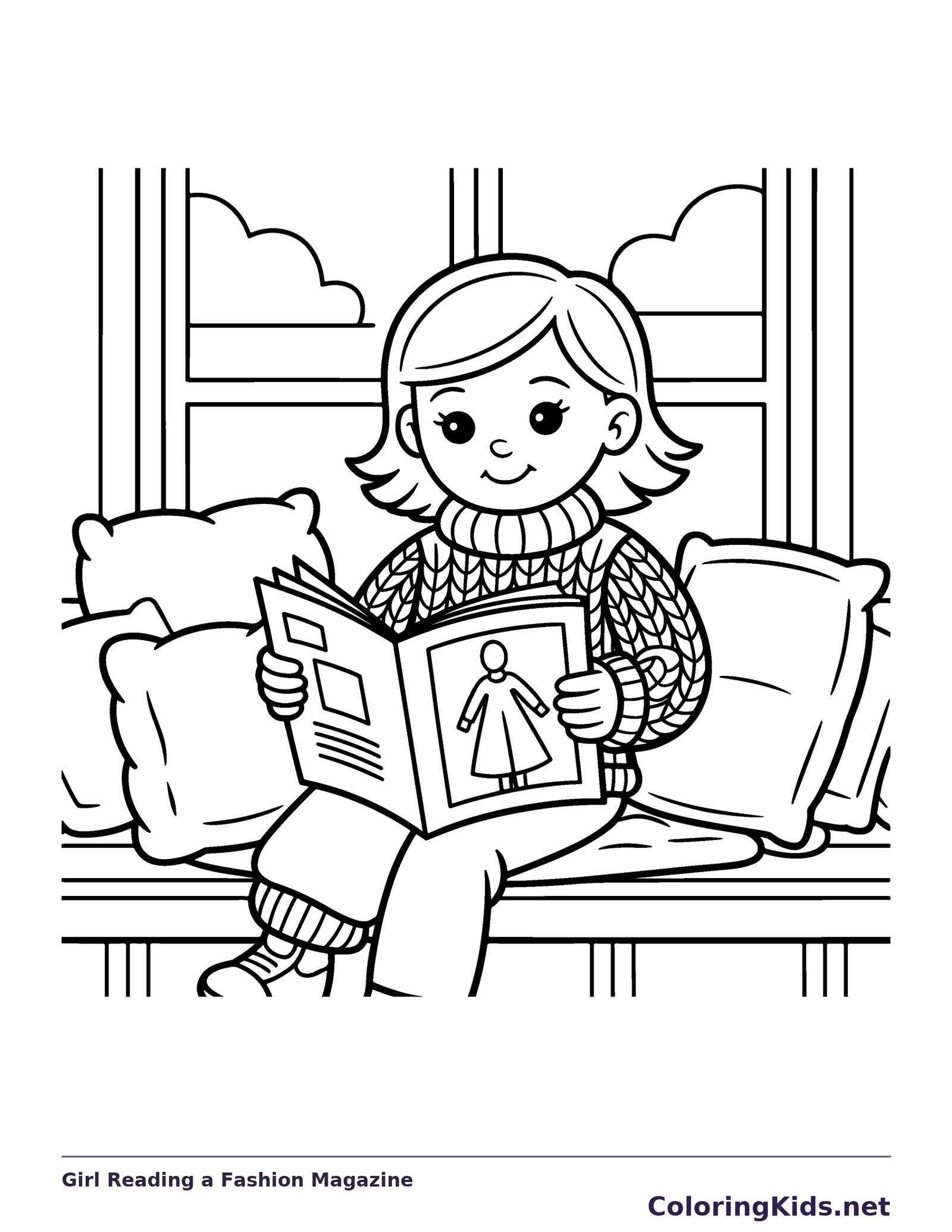 Black and white printable girl reading a fashion magazine coloring sheet