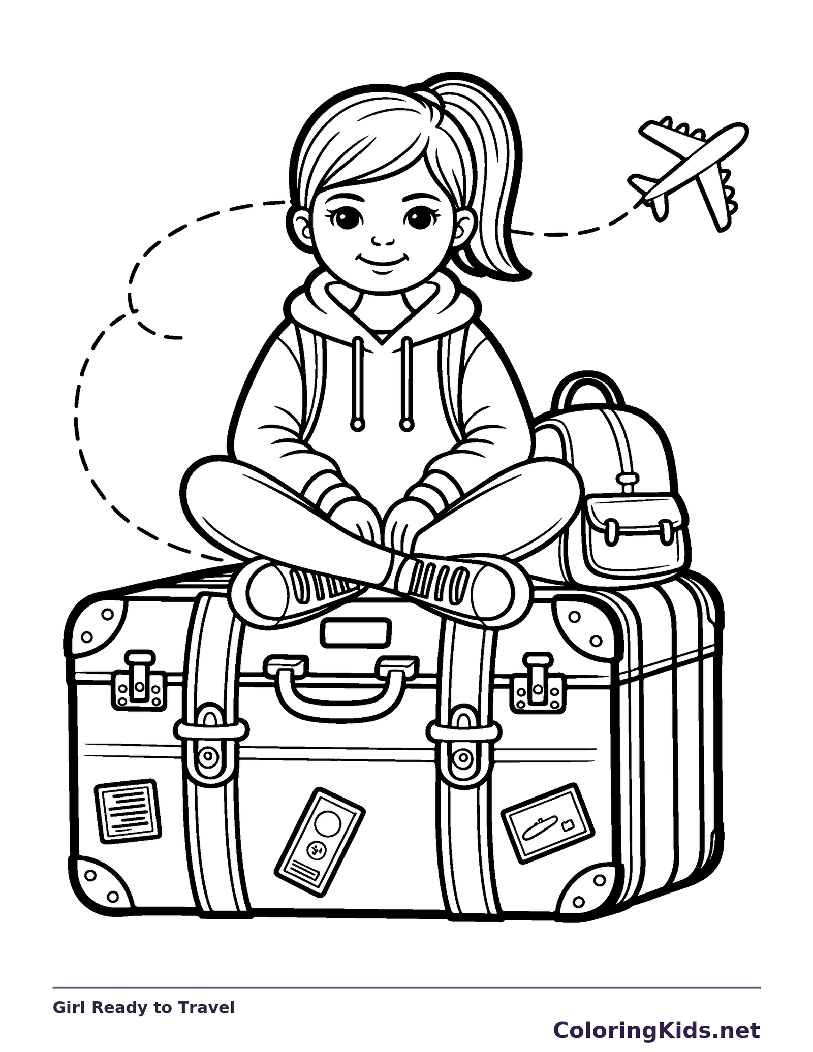 Black and white printable girl ready to travel coloring sheet