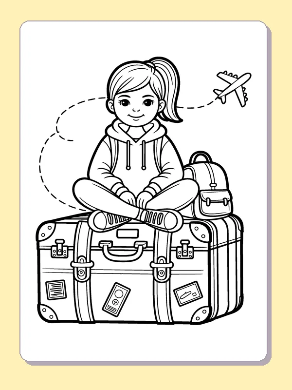 Black and white printable girl ready to travel coloring sheet