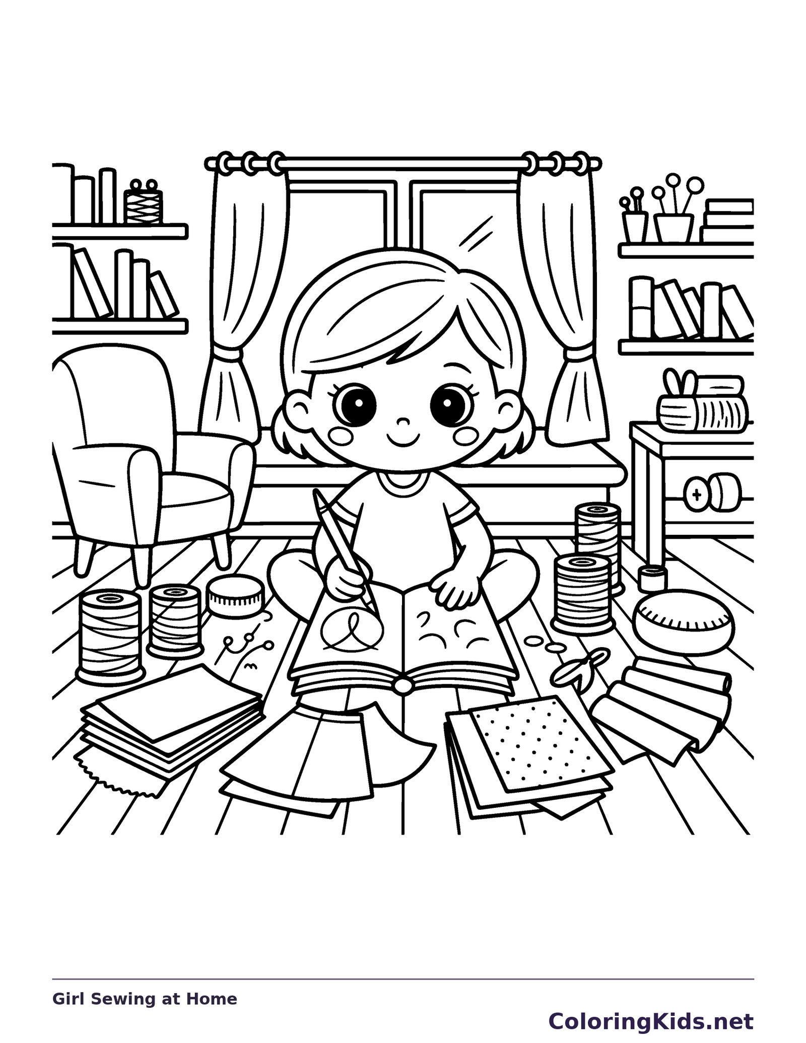 Black and white printable girl sewing at home coloring sheet