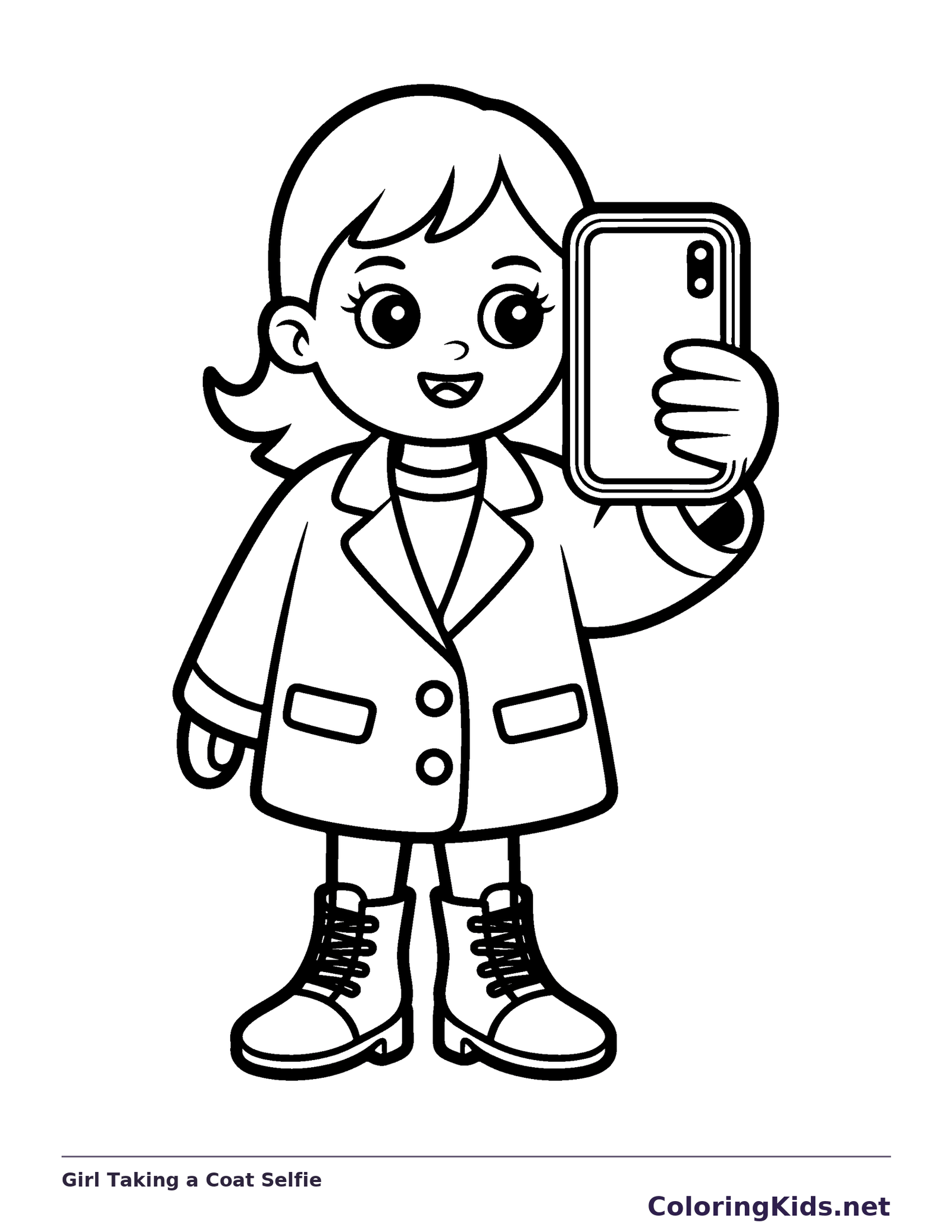 Black and white printable girl taking a coat selfie coloring sheet