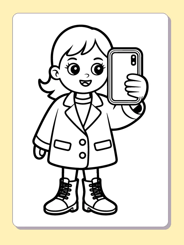 Black and white printable girl taking a coat selfie coloring sheet