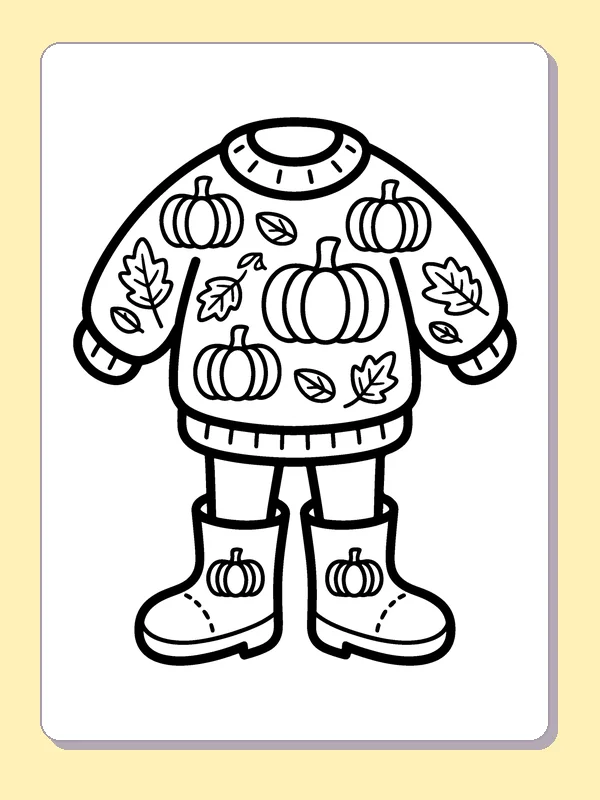 Black and white printable pumpkin sweater and boots coloring sheet