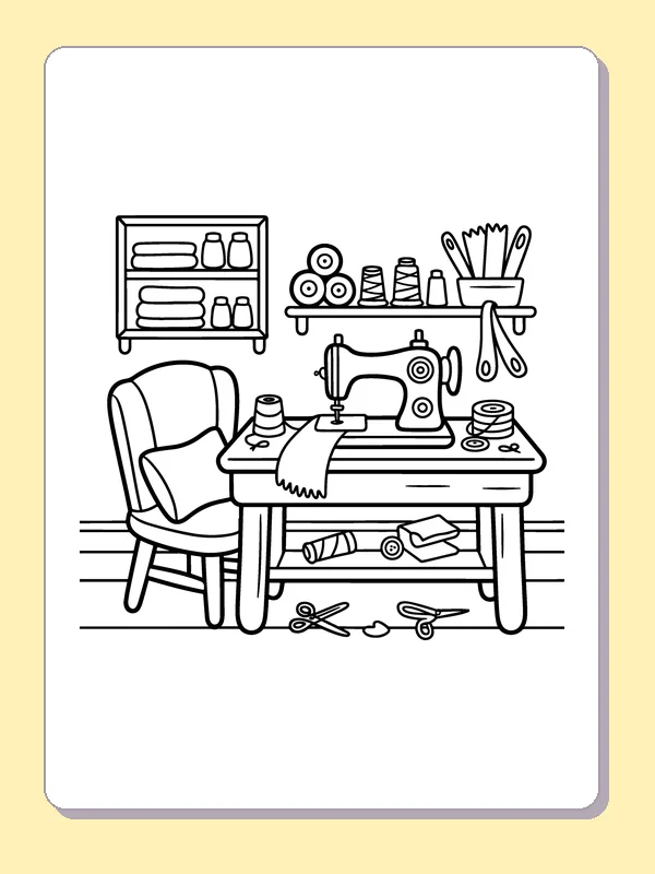 Black and white printable sewing table with fabric and tools coloring sheet