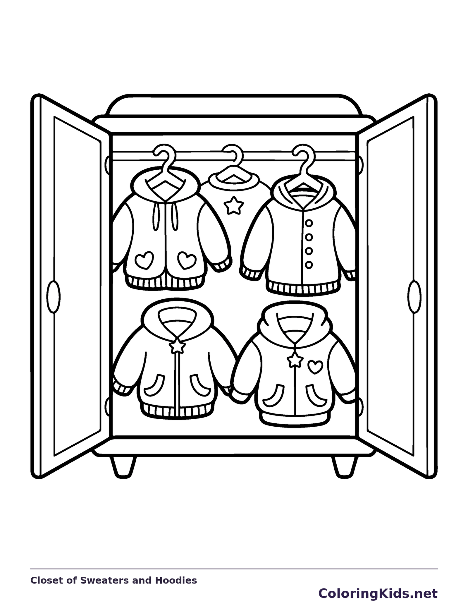 Black and white printable closet of sweaters and hoodies coloring sheet