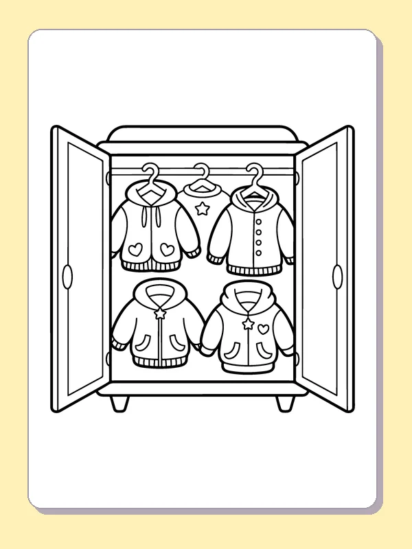 Black and white printable closet of sweaters and hoodies coloring sheet