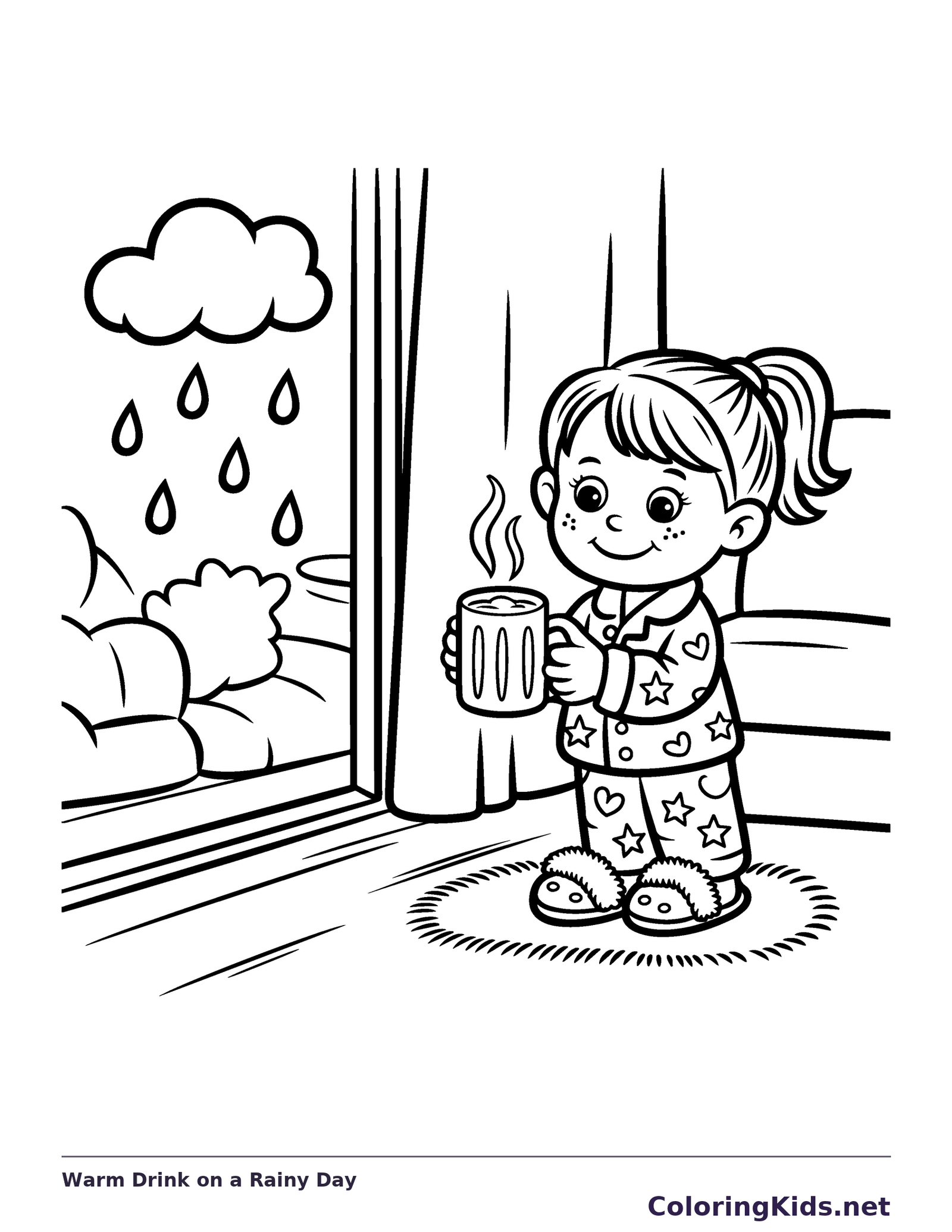 Black and white printable warm drink on a rainy day coloring sheet