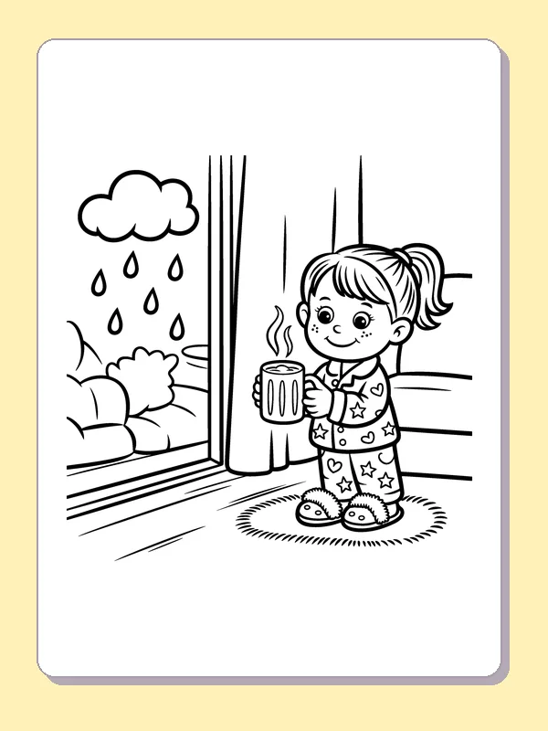 Black and white printable warm drink on a rainy day coloring sheet