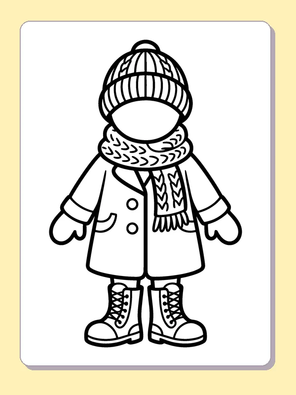 Black and white printable winter outfit with scarf and boots coloring sheet