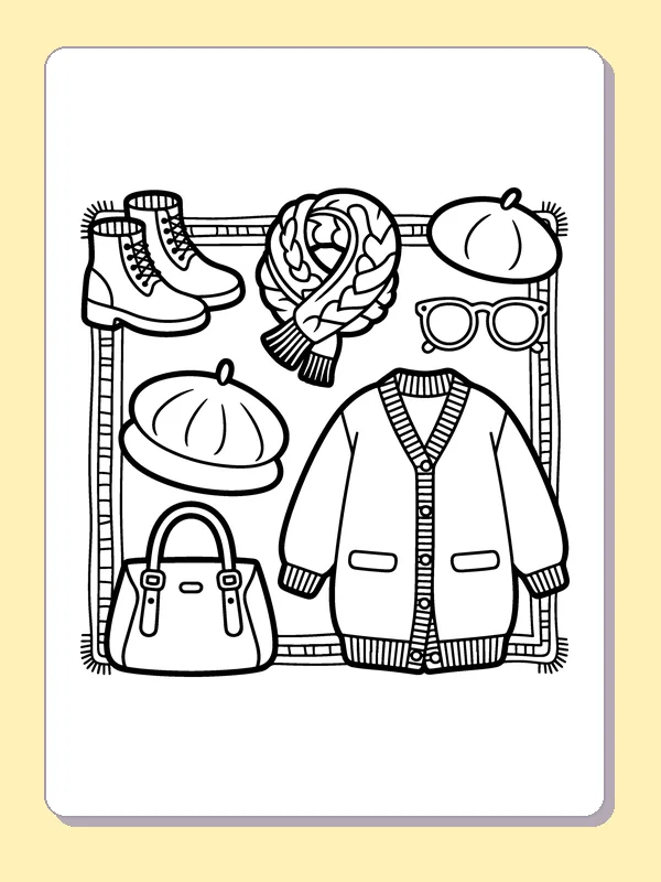 Black and white printable drawing of boots Scarf and Winter Cardigan