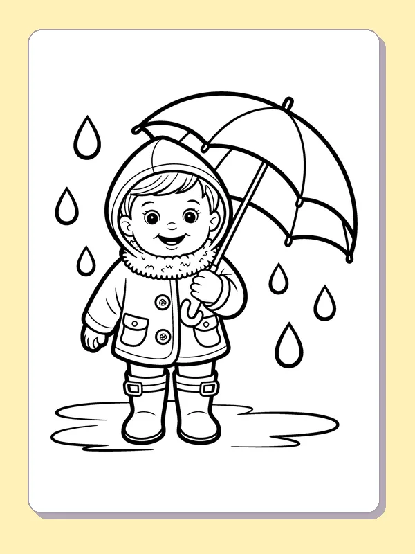 Black and white printable drawing of child Holding an Umbrella in a Coat