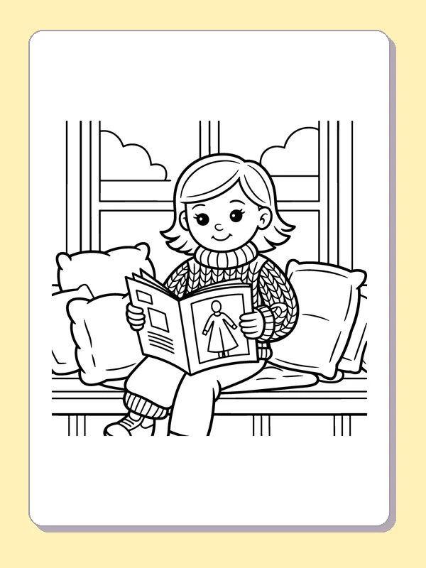 Black and white printable drawing of child Reading a Fashion Magazine